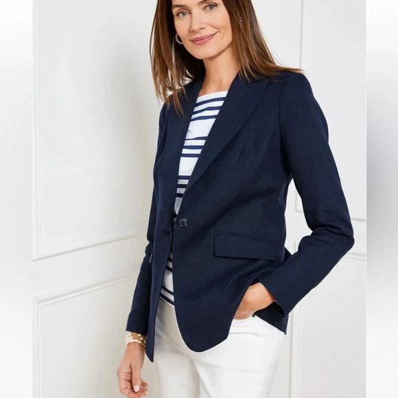 Talbots CLASSIC LINEN BLAZER In Blue Striped work wear classic timeless - Picture 1 of 12